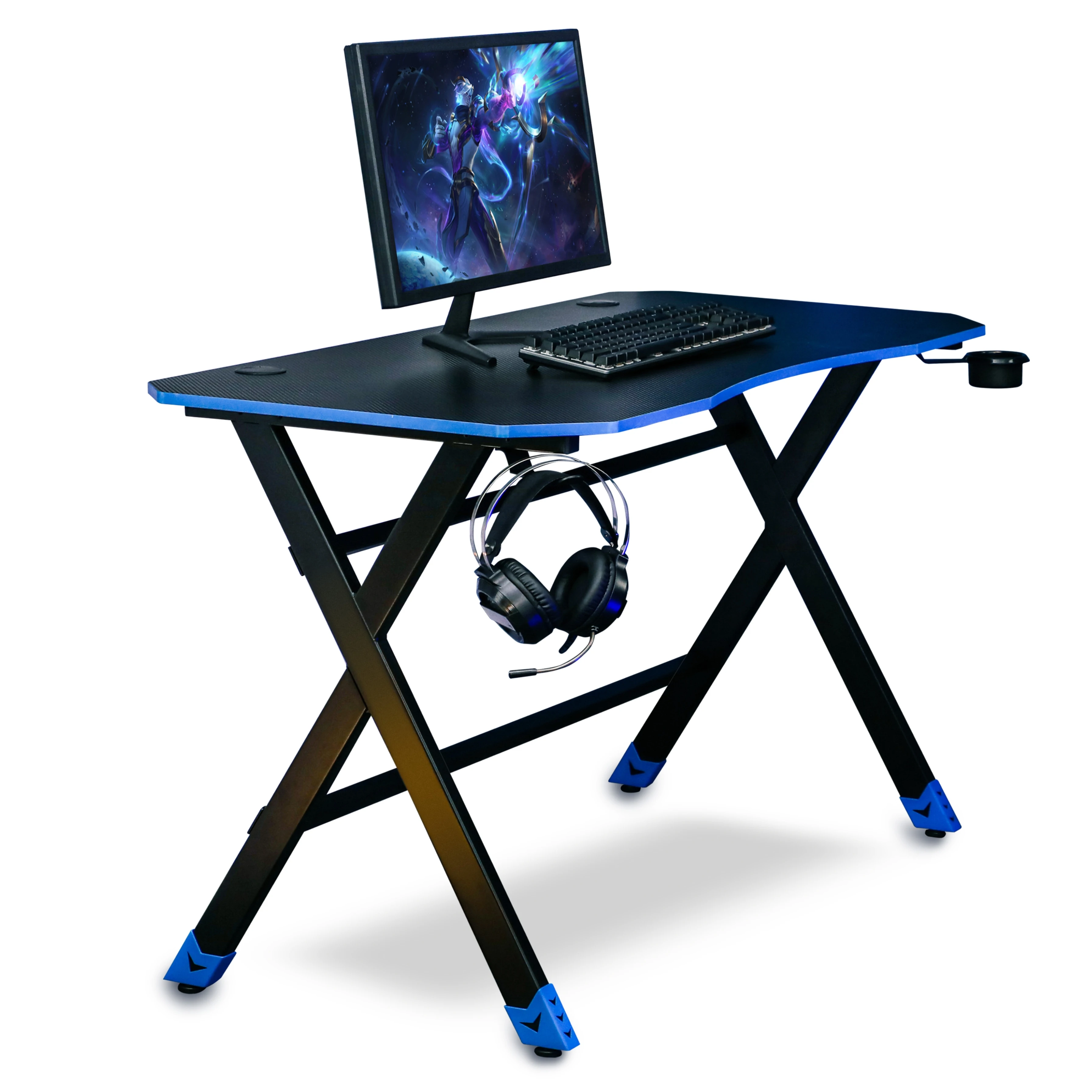 New Arrival AOKE modern furniture R shaped computer black gaming desk with Cup holder&Headphones hook