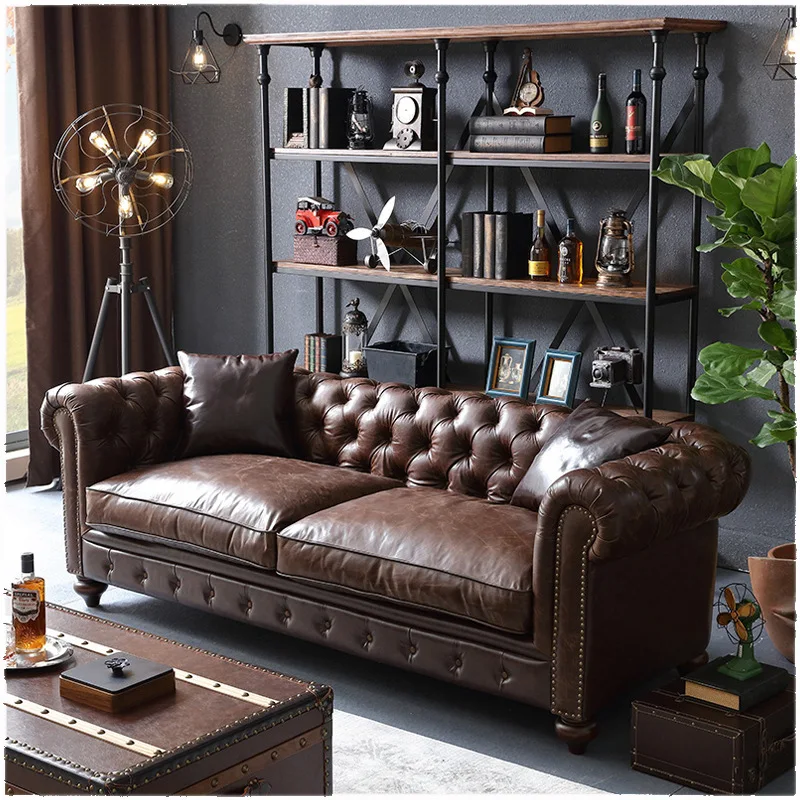 Living Room Design Luxury Modern Furniture Brown Leather Loveseat Chesterfield Sofa