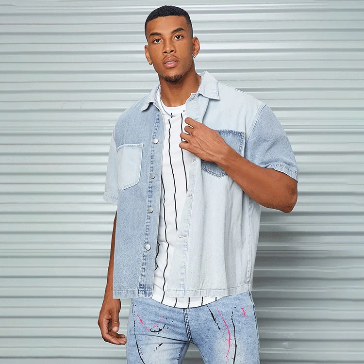 Mens Clothing Double Pocket Shirts Casual Short Sleeve Button Up Color Block Shirt Custom for Men