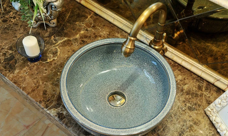 China Painting Ceramic Painting Art Porcelain Bathroom Vessel Sinks Round blue above countertop wash basin Antique Hotel Basin