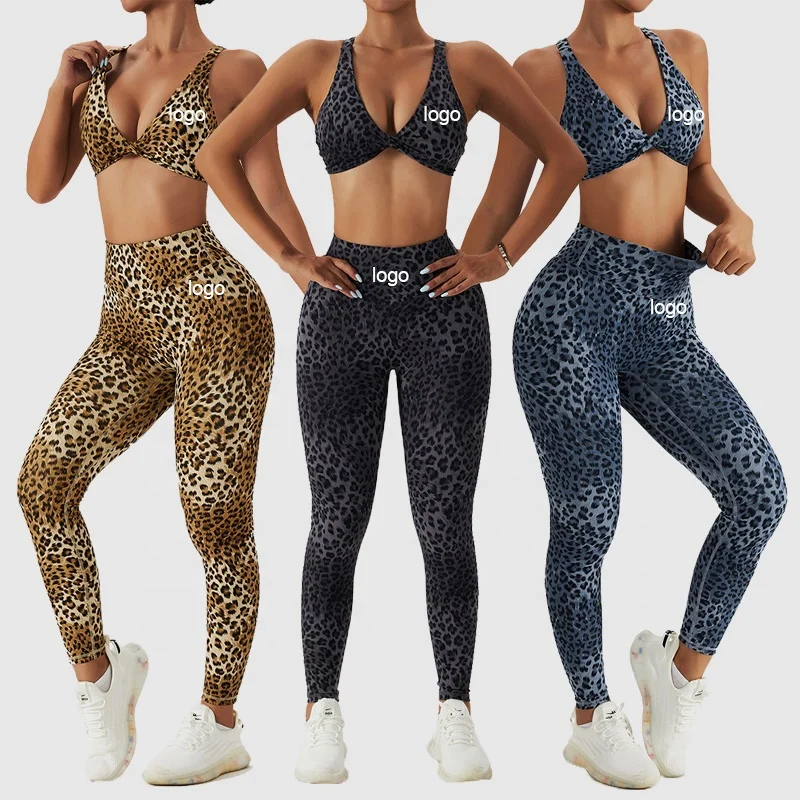Wholesale Fitness Yoga Active Wear Sets Women Gym Cross Back Sports Bra Yoga Pants With Butt Lift Leopard Yoga Set 2 Piece