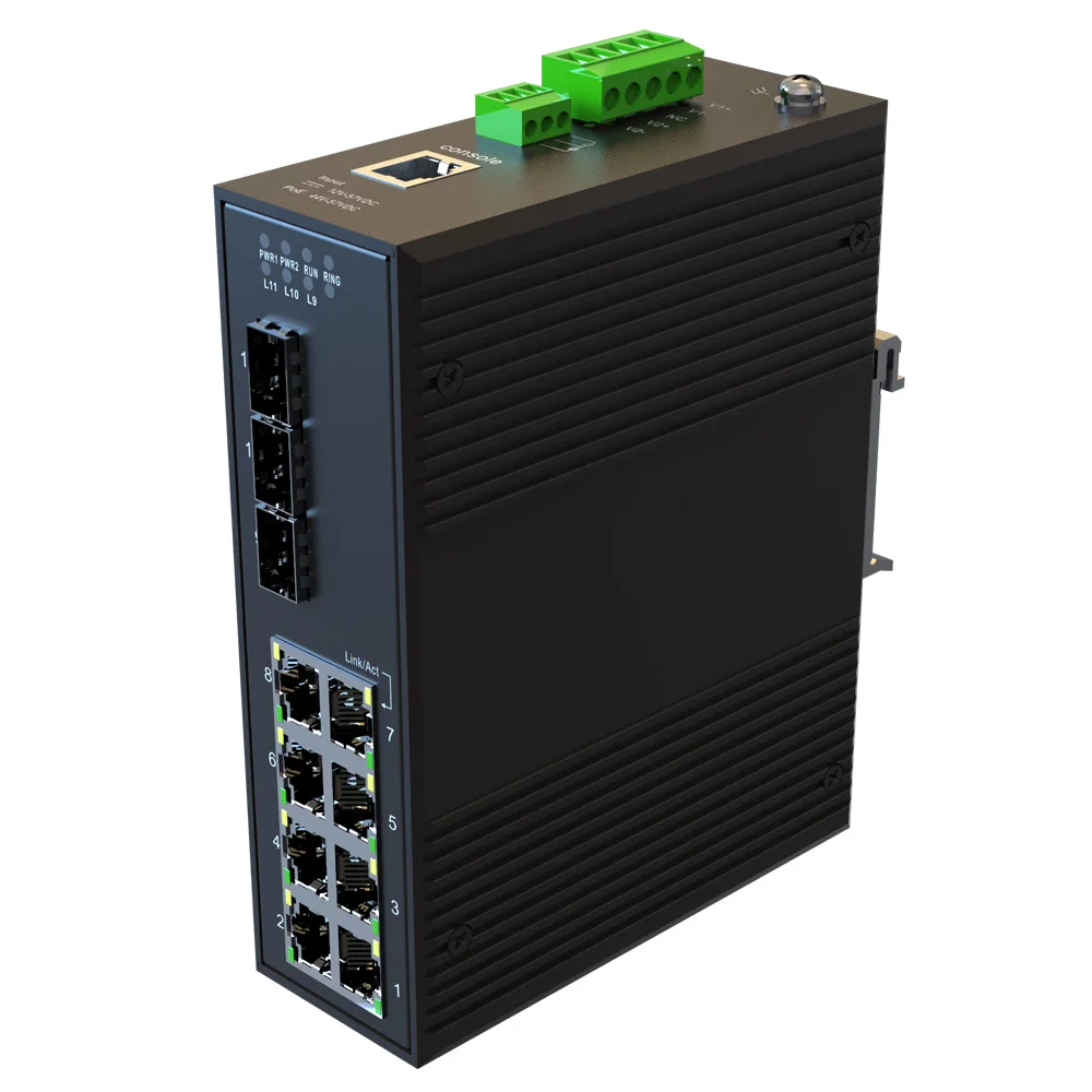 
1000M 11 Port POE Managed Industrial Ethernet Switches DC 44-57V 90W 8 Ports POE RJ45 3 Ports SFP 