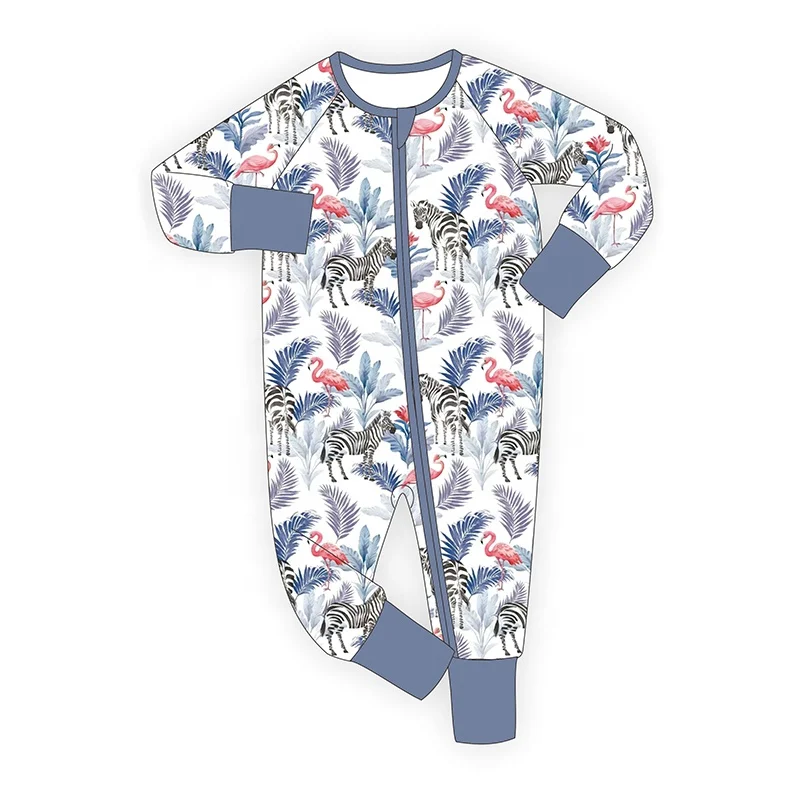 Custom Bamboo Baby Zipper Romper Boy Breathable Infant Long Sleeve Flowers Pattern BabyToddler Clothes for 0-24 Months NB Babies