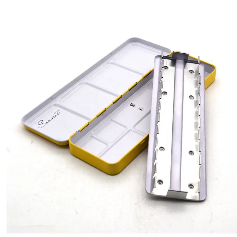 Custom yellow rectangle watercolor tin case for empty metal watercolor box with 21-Gird