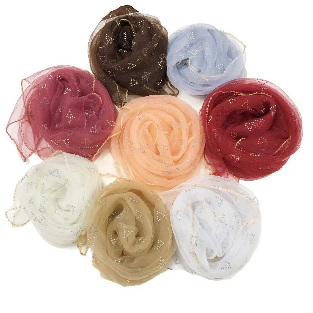 HZW-24123 Fashion Scarf with Rhinestone Shiny Silk Ruffle Hijabs Muslim Women Square Shawl Beaded Edge Muslim Hijabs