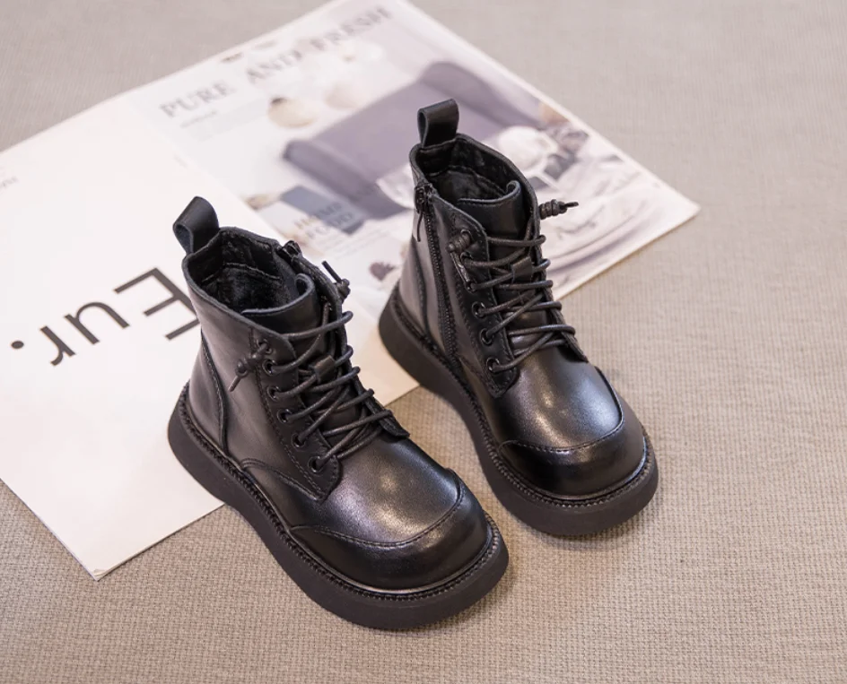 Wholesale black Genuine Cow Leather soft sole baby leather boots shoes for boy and girl