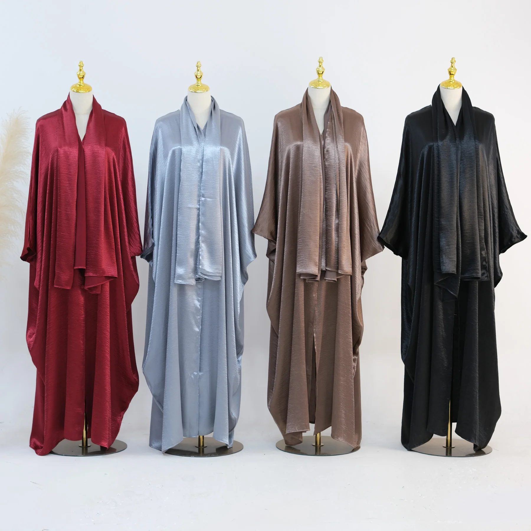 Loriya islamic clothing Women Cardigan Kimono Abaya Dubai Modest Dresses Hijab Dress 2pc set Butterfly Satin Front Open Abaya