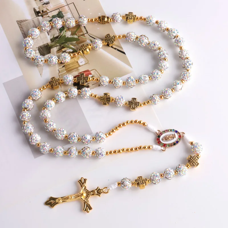 JC New design rosary chain high quality 10mm glass rhinestone ball catholic rosary necklace