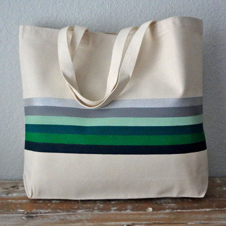 Green Striped Cotton Canvas beach bag