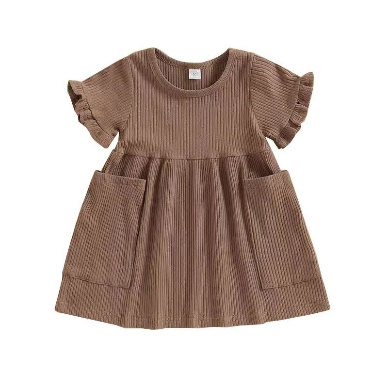 Hot sale girl clothing rib knit fabric girl dress with big pockets sweet fashion style