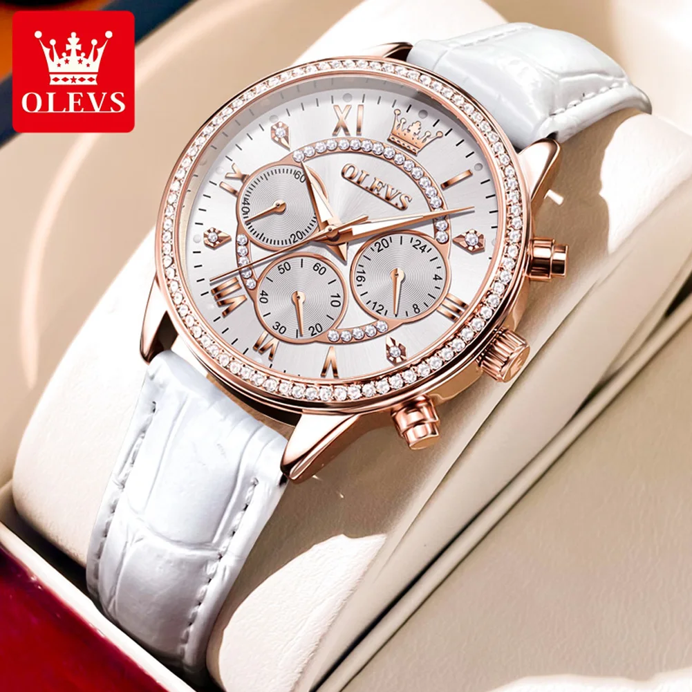 OLEVS 2915 top 10 brands dongguan women timepiece original Genuine Leather band Waterproof Chronograph low business watch