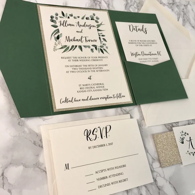 Eucalyptus and Forest Green Pocket Wedding Invitations