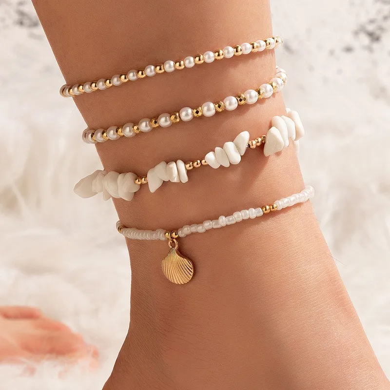 Bohemian Stackable Multi Layer Handmade Pearl Beaded Anklets 4PCS/Set Irregular Shell Foot Chain Anklet for Beach Jewelry