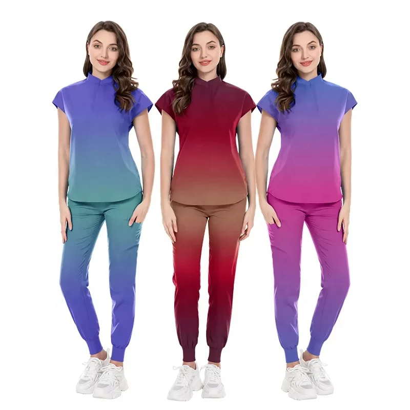 Custom nurse uniform hospital uniform sets scrub suits stand collar top jogger pants gradient color medical scrubs uniforms sets