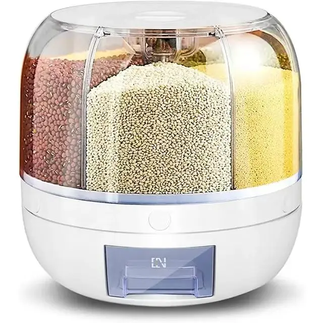 Dispenser Storage Box Rice Dispenser Kitchen Moisture Proof 6 Grid Rotating Food Grain Dispenser Cereal Rice Container