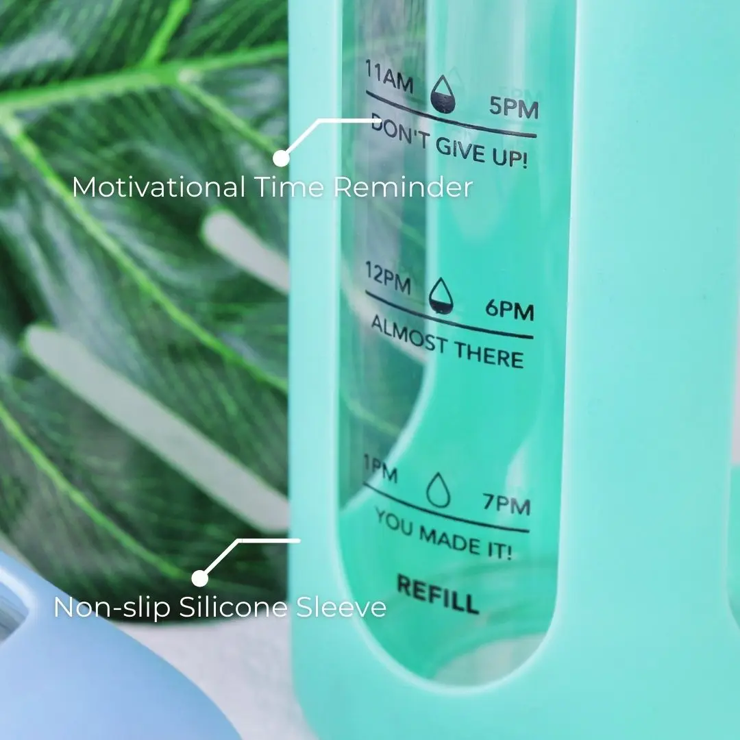 1000ML/32 OZ glass water bottle with silicone sleeve bamboo lid time marker