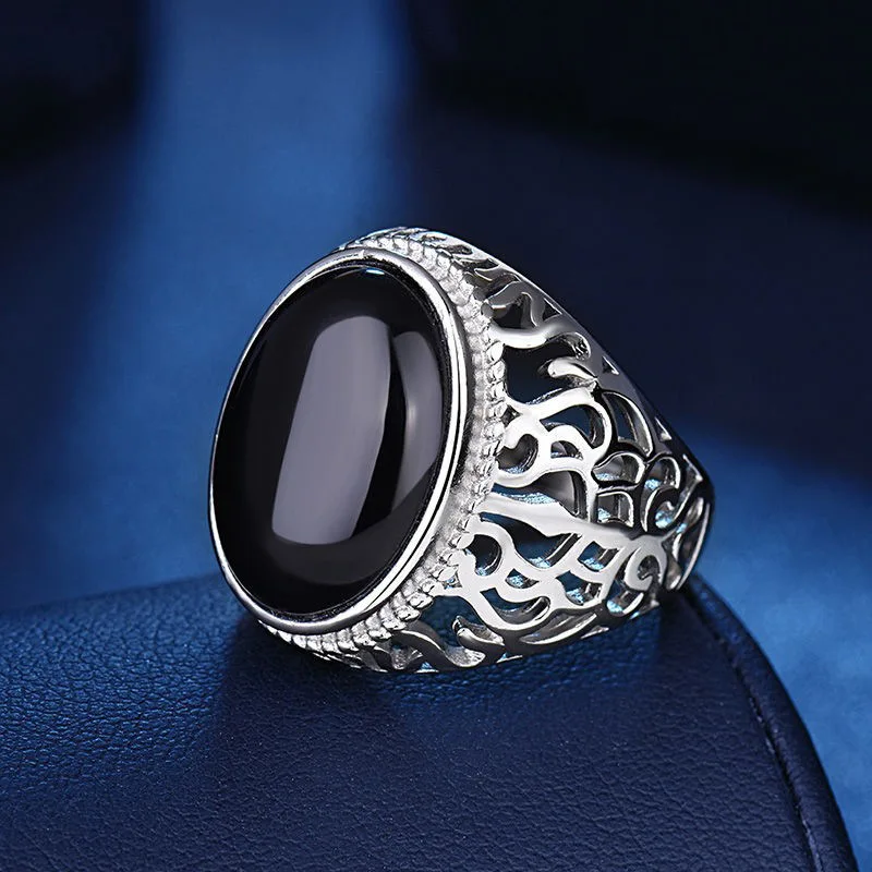 Latest Simple Design New Arrival Trendy Luxury Black Onyx Stone Personality Ring Chunky Gem Ring for Men