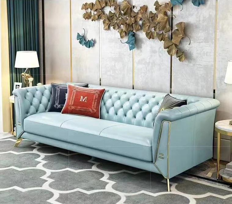 Modern American light Blue Crushed leather 3 seater Furniture Nordic style three person living room high grade PU leather sofa