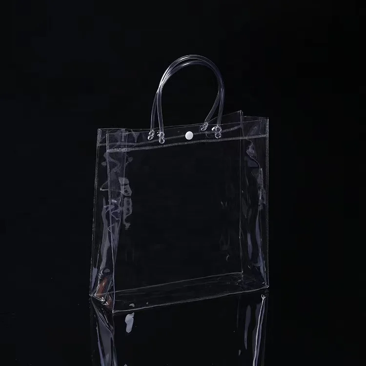 Clear transparent pvc shopping bags packing bag for gift and promotional with handle and button