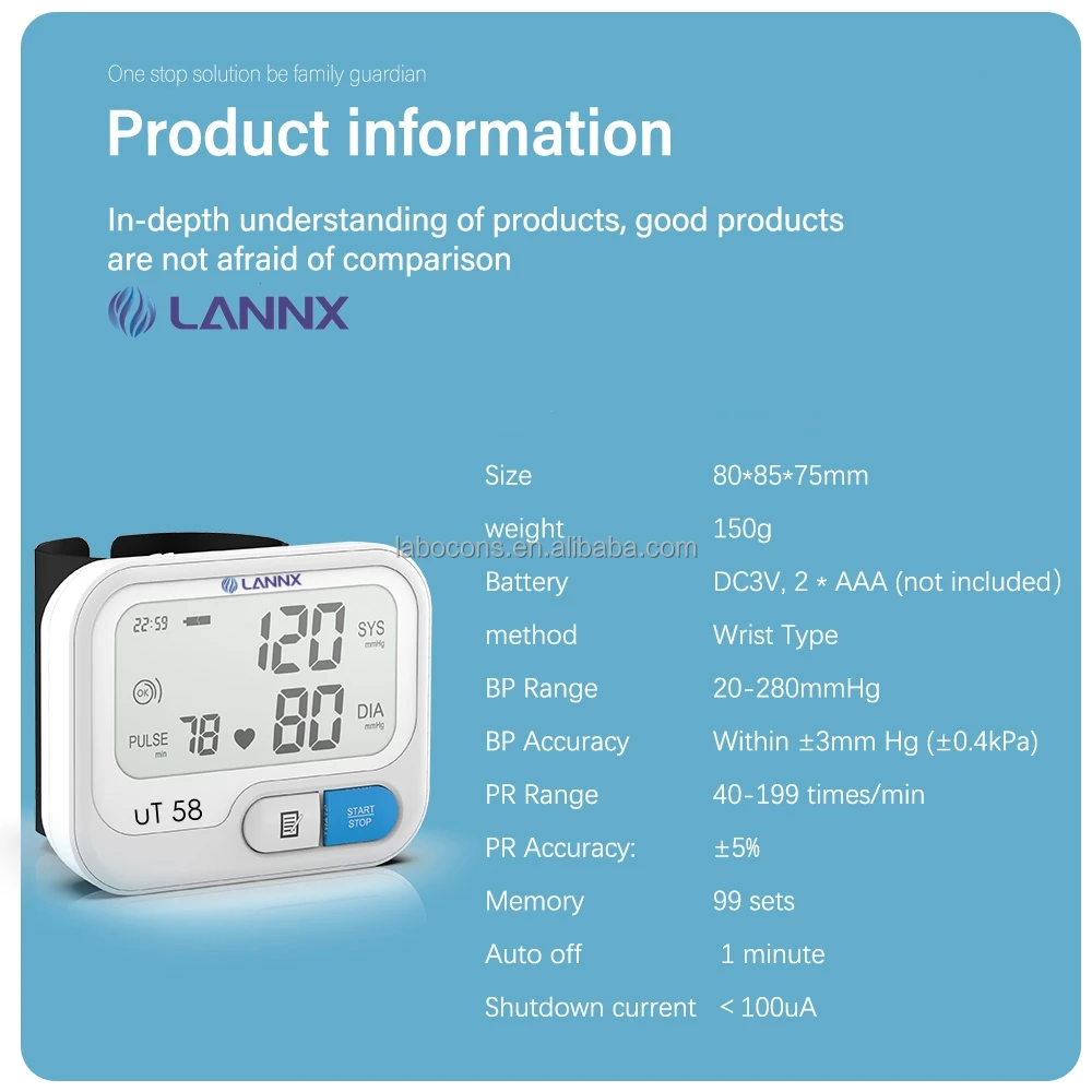 LANNX uT 58 Smart Sphygmomanometer wrist BP Monitor Portable Electronic Blood Pressure Monitor With Cuff Blood Pressure Machine