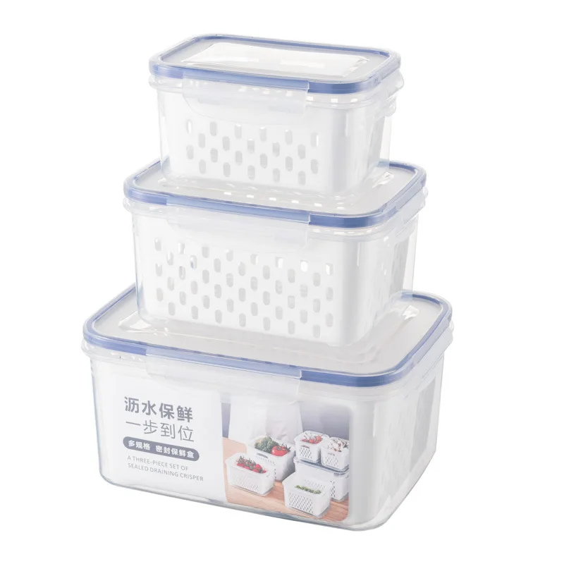 3 Pack Fridge Food Storage Container Set with Lid with Strainer Plastic Fresh Produce Saver Vegetable Fruit Storage Organization