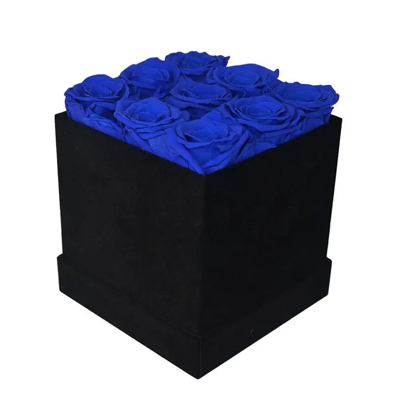 High Quality Square Hug Bucket Natural 9-heads Preserved Rose Flower Box for Christmas Gift for Girl Friend or Mom