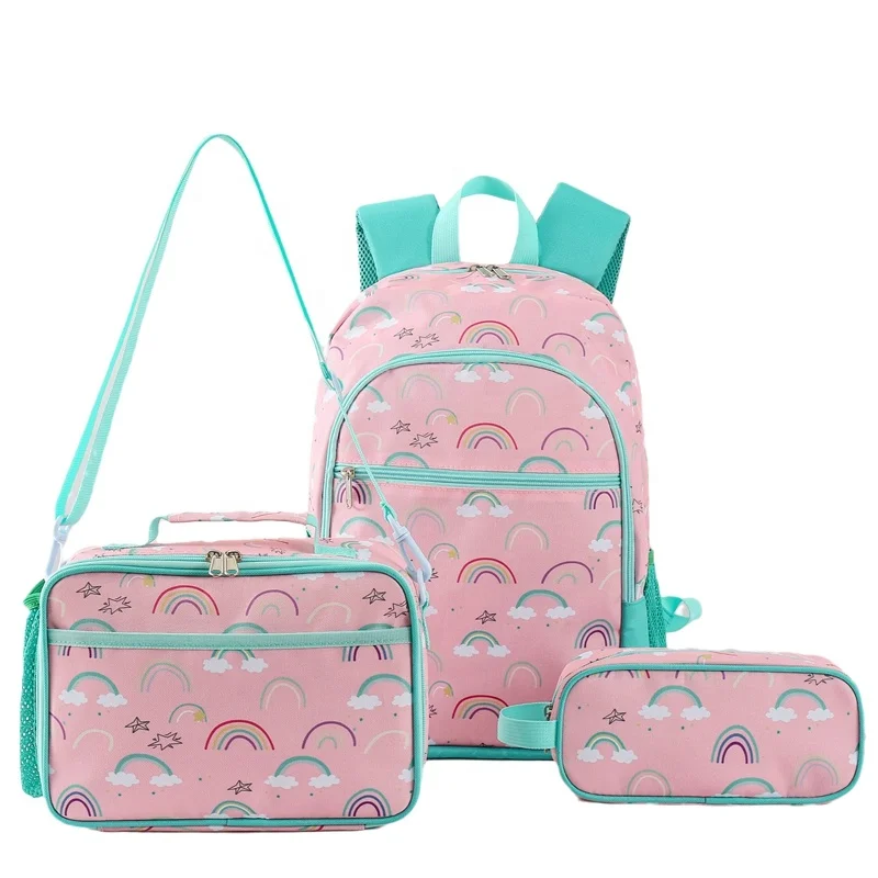 3 in 1 Backpack Lunch Bag Pencil Bag Set for Primary School Student Hot Selling Fashion Oxford Polyester Unicorn Printed