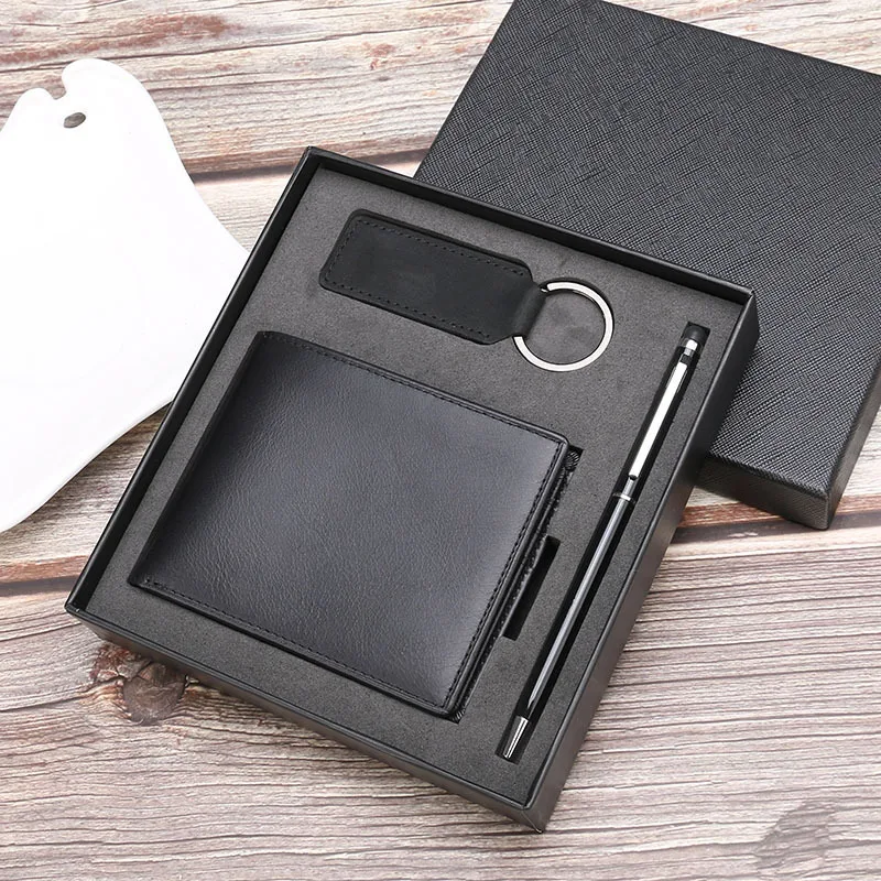 High Quality exquisite 3pcs Real Leather Card Wallet pen Keychain Birthday Celebration VIP Box Gift Sets Luxury For Men
