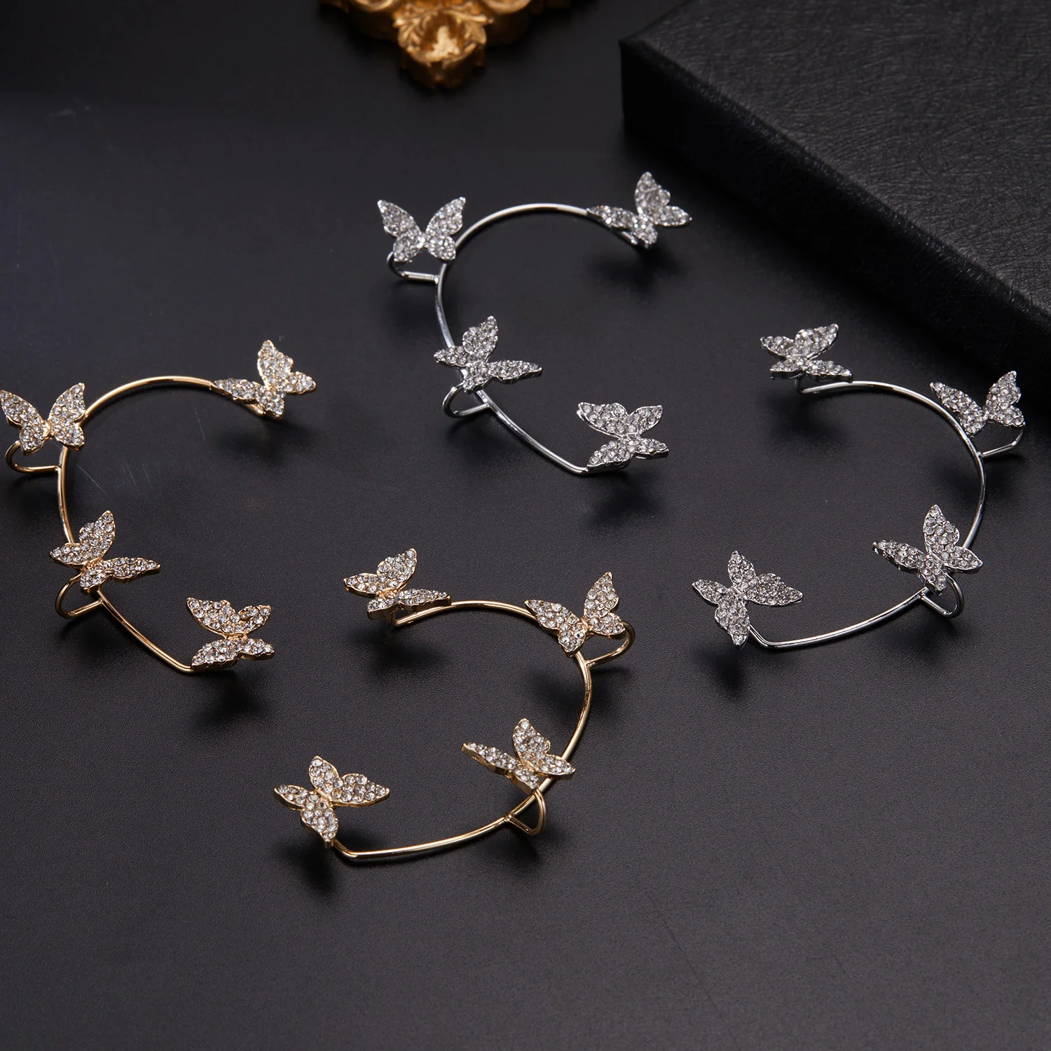 Rinhoo Gold Silver Color Sparkling Zircon Butterfly Ear Clips Non-Pierced Korea Crystal Animal Ear Cuff Earrings Wedding Jewelry