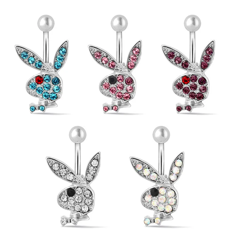 New Stainless Steel Colourful Cubic Zirconia Multi Paved Gem Navel Piercing Bunny Belly Bar Cartoon Rabbit Belly Ring Jewelry