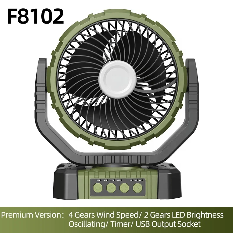F8101 Multifunctional Fan Outdoor Rechargeable Standing Fan with LED Lamp for Camping Desktop