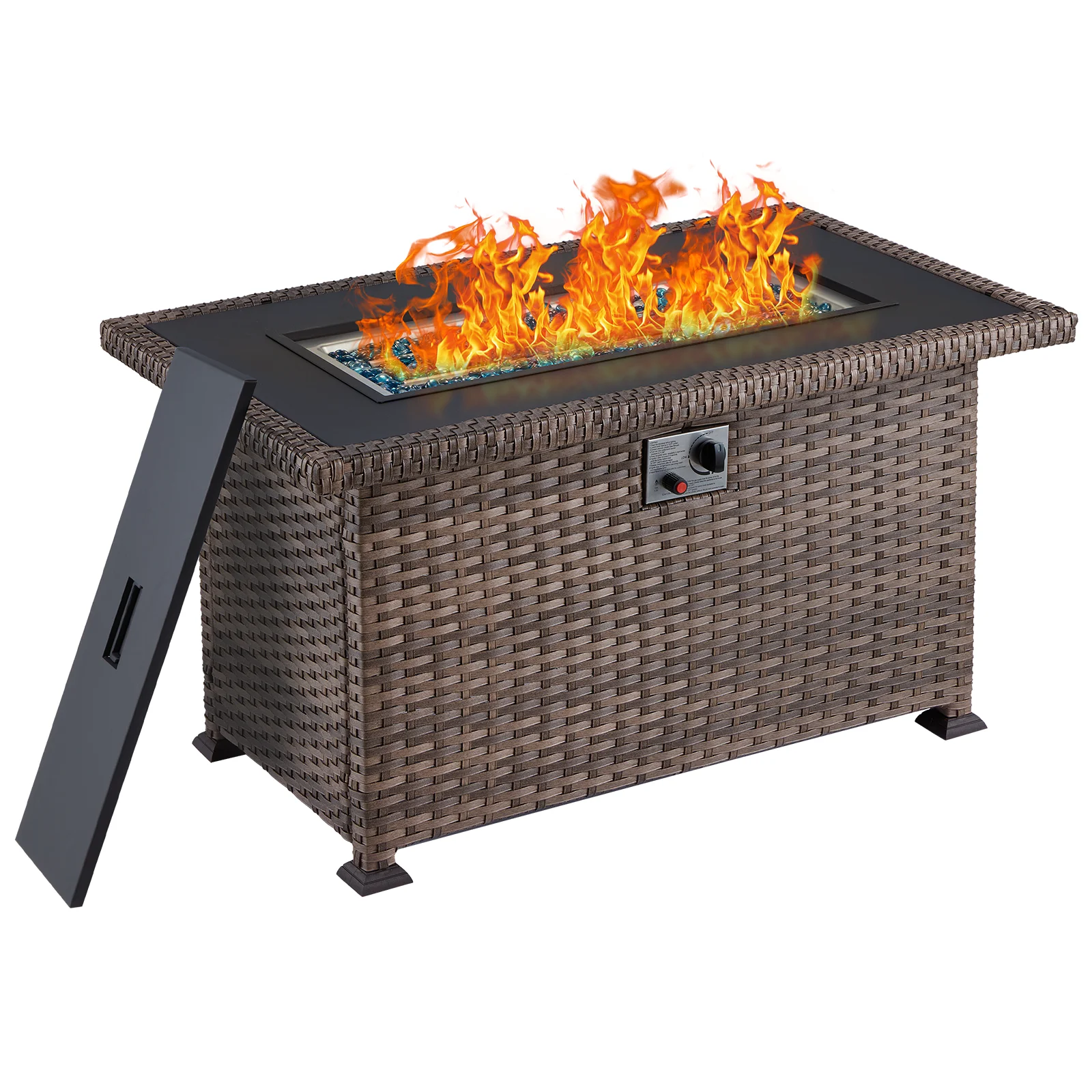 44 Inch Propane Fire Pit Table, 50,000 BTU Gas Fire Table for Garden Patio Courtyard Party Outside, Wicker&Rattan (Brown)
