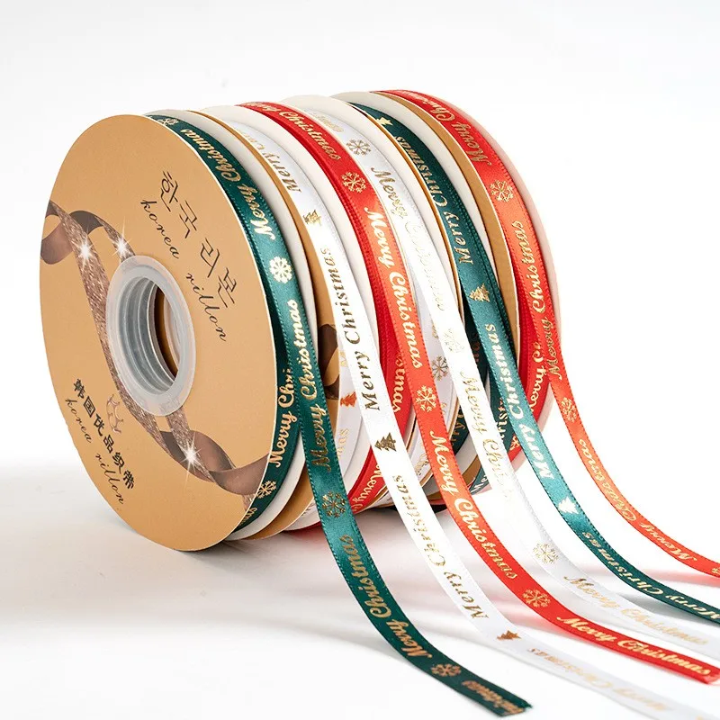 Wholesale Stocked 1.0cm Solid Color Valentine Gift Packing Satin Ribbons With Printing Logo Merry Christmas