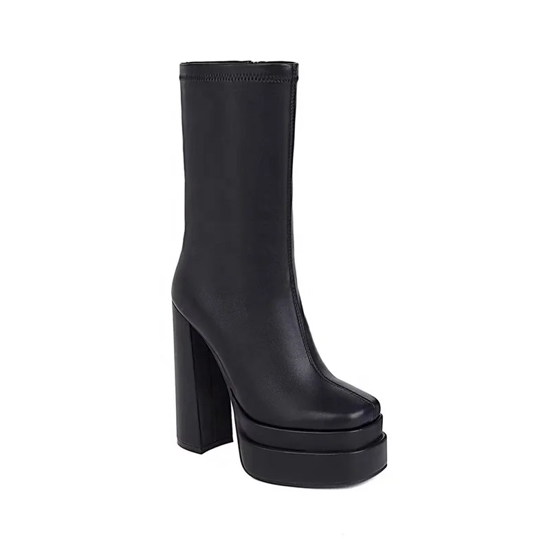 Winter Anti-cold High Toe Platform Boots Stone Print PU Patent Leather Square Toe Black High Heel Ankle Boots for Women Zip 43