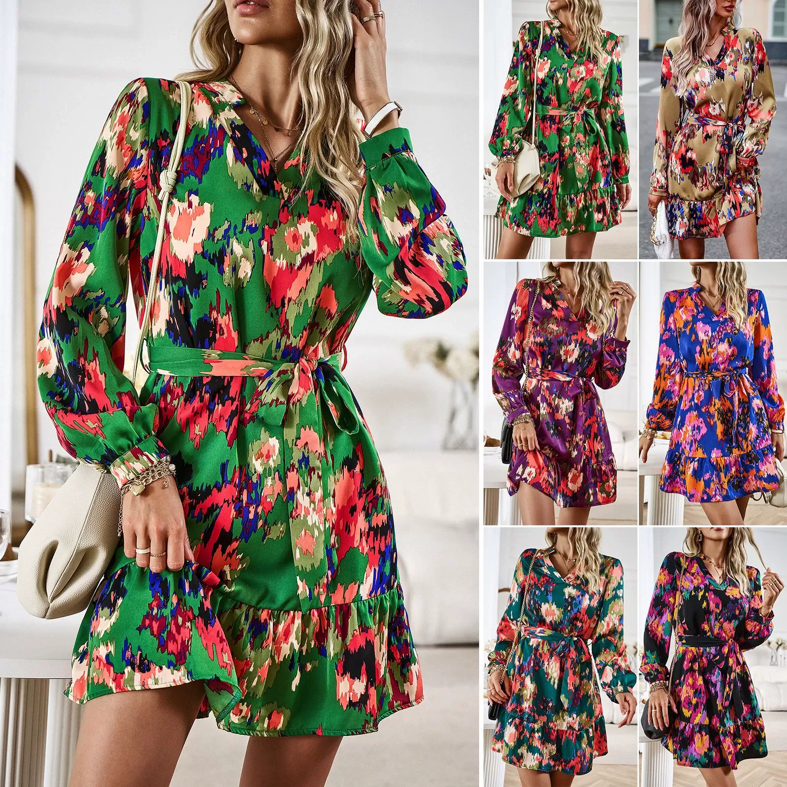A439 Women Clothing Casual Dress Flower Long Sleeve Neck Slim Dress with Belt Maxi Bodycon Customized Dresses Print Plain Adults
