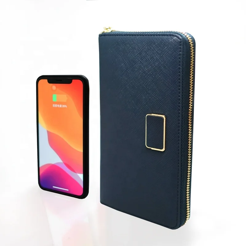 2022 Wallet Leather Zipper Close Portable Wireless Charging Smart Power Bank PU Leather Long Wallet for men