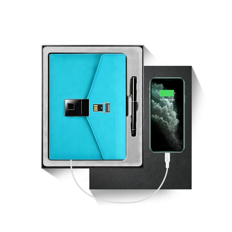 Smart Fingerprint Wireless Charging Power Bank Notebook Loose Leaf Business Journal Diary With Blue tooth Recording 16GB U Disk