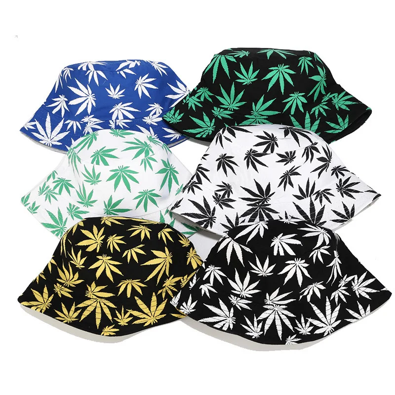 
Factory sells maple leaf printing double-sided wear fisherman hat basin hat outdoor sun hat tide 