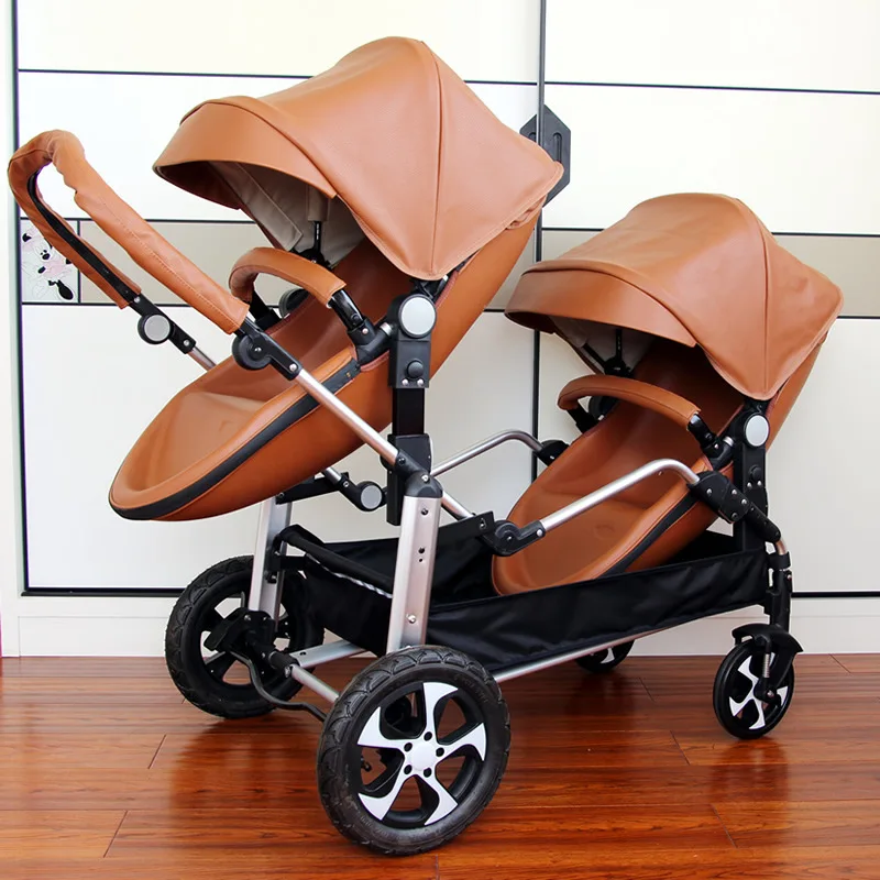 Babyfond Hot Selling PU leather Double Shell Folding Stroller Lightweight luxury Twin Stroller + Seat