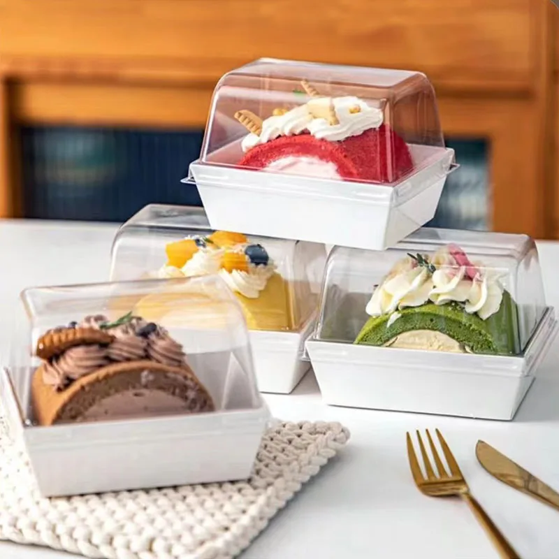 MOQ 500sets Take Out Cardboard Cake Roll Packaging Towel Roll box Mousse Cut Dessert Box Baking Packing box With Clear Cover