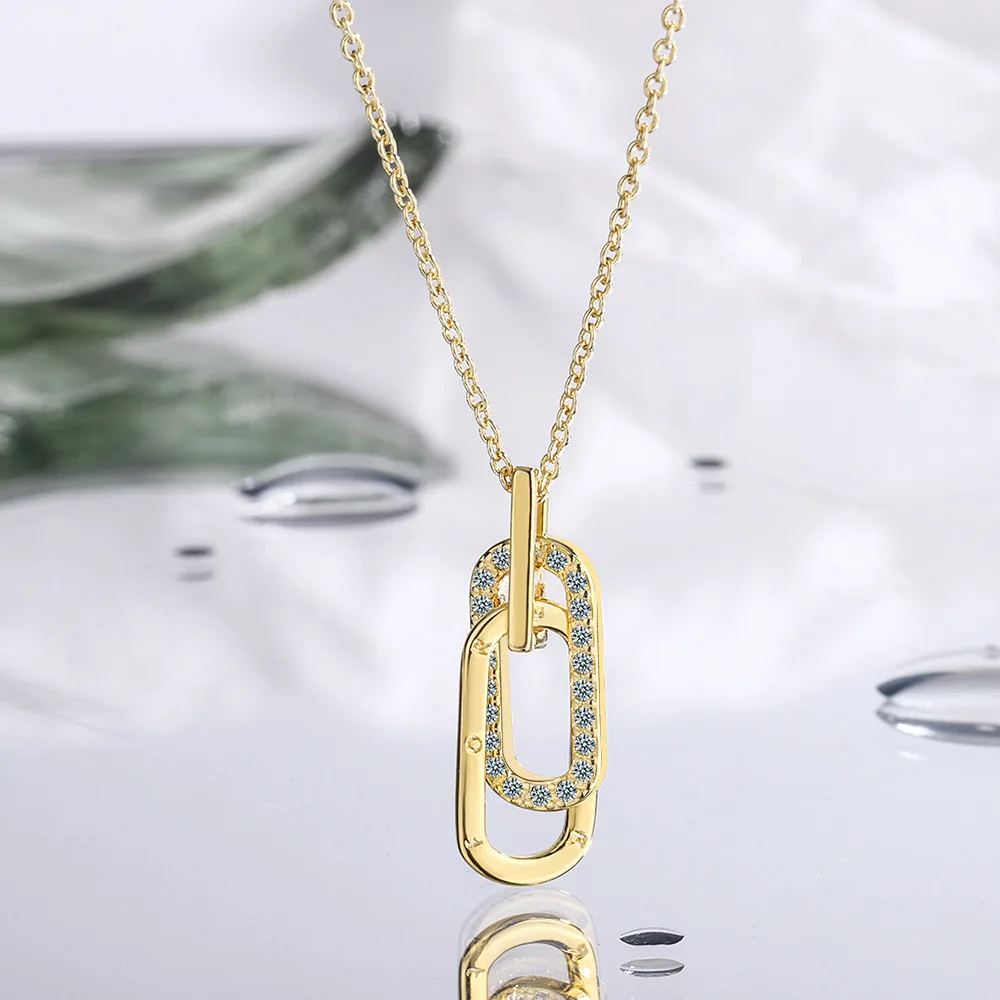 Fashion Jewelry 925 Sterling Silver Necklace Geometric square Loop Double Circle Diamond Gold Plated Necklaces