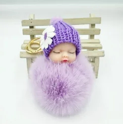 Wholesale 8cm Cute Pom Pom Ball Plush Keychains Sleeping Baby Doll Cartoon Pendant Key Ring Key Chain