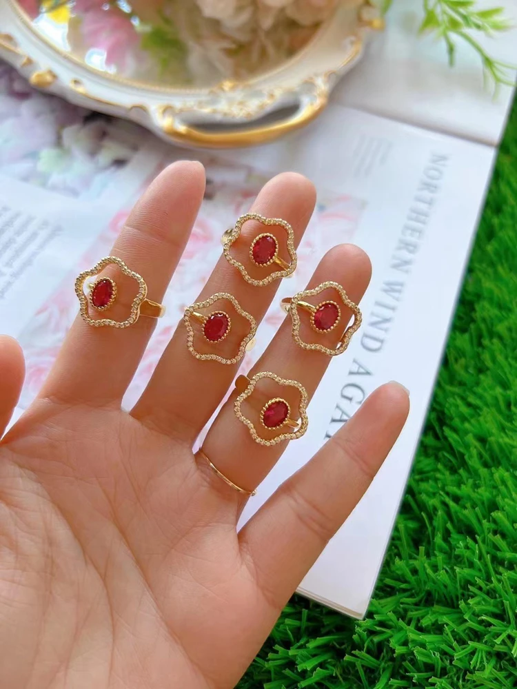 Dainty rainbow rhinestone gold plated stone pave flower design finger rings geometrical shape hand rings for women