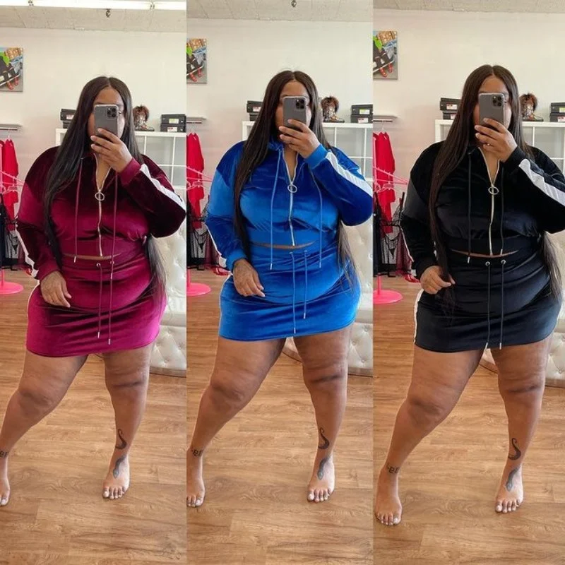 J&H fall 2023 5xl plus size zipper hoodie sets tech fleece velour skirts 2 piece set women clothing fashion sexy slim fit