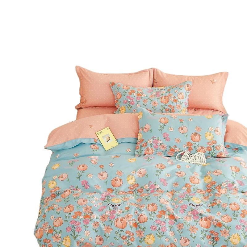 Nantong Factory 100% Cotton Bed Linen Set 200TC Bed Sheet Set Elegant Flowers Printed Girls Bedding Set