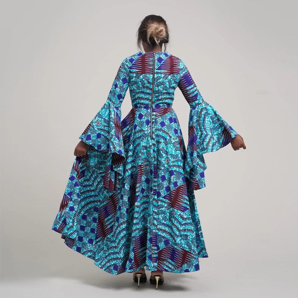Elegent Fashion Style Spring African Print Kitenge Designs Traditional Dress Plus Size Casual Long Sleeve African Women Dresses
