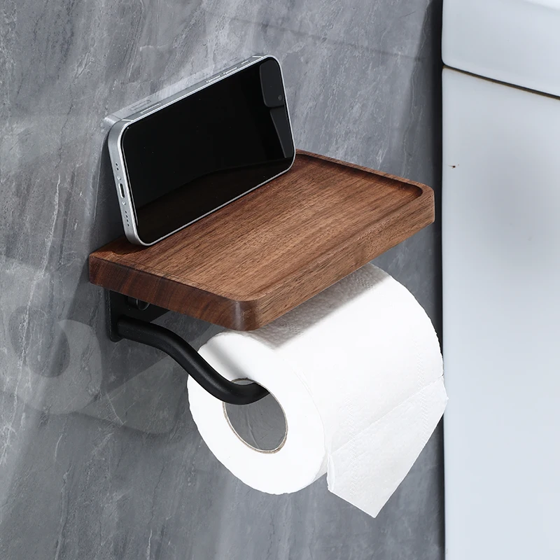 Self Adhesive Wood toilet paper holder with shelf toilet paper roll holder toilet roll paper holder