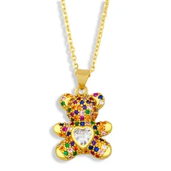 18K Gold Plated Multi Color Cubic Zircon Crystal Cute Bear Pendant Chain Animal Necklace