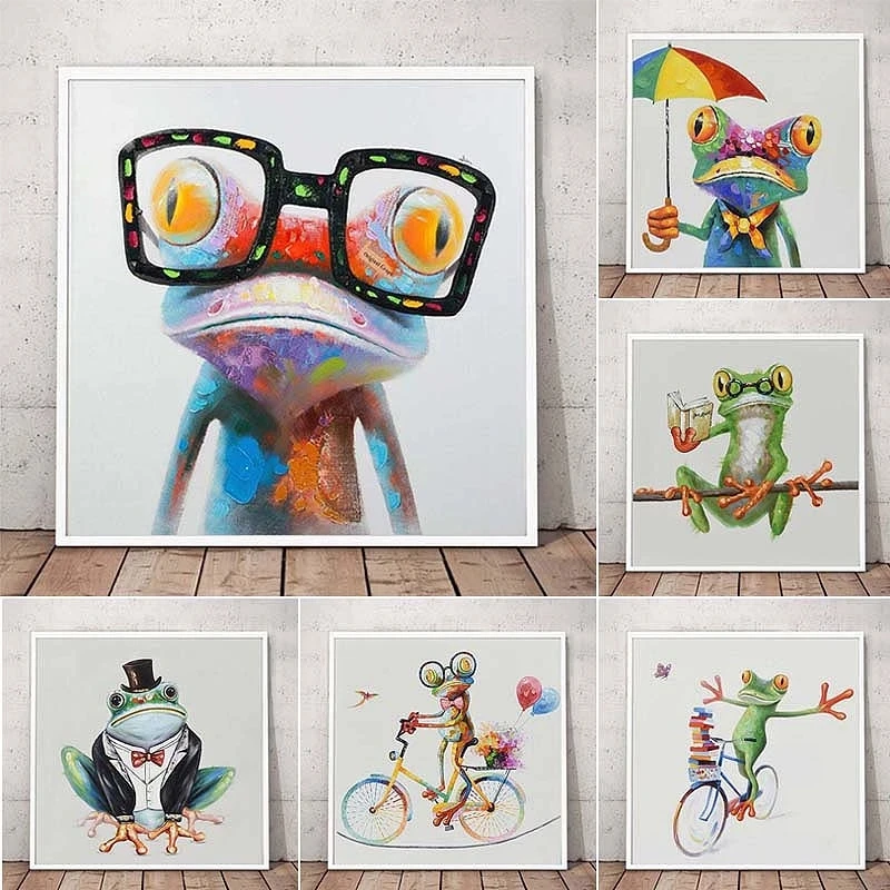 Living Room Decor Happy Frog With Glasses Picture Canvas Posters Print Cartoon Animal Wall Modern animal picture wall art prints