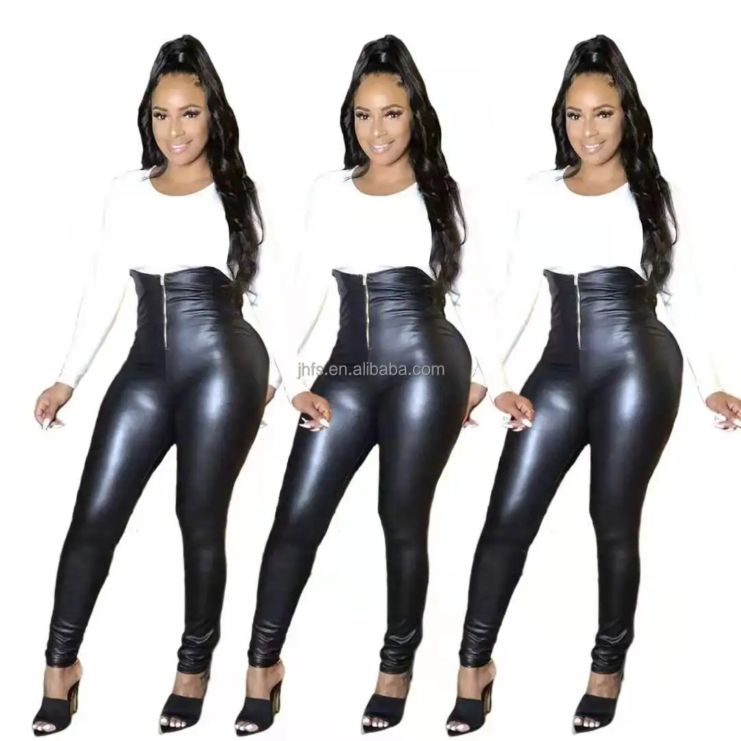 J&H 2022 new trendy high waist faux leather pants with corset design ladies sexy slim fit black leggings casual style trousers